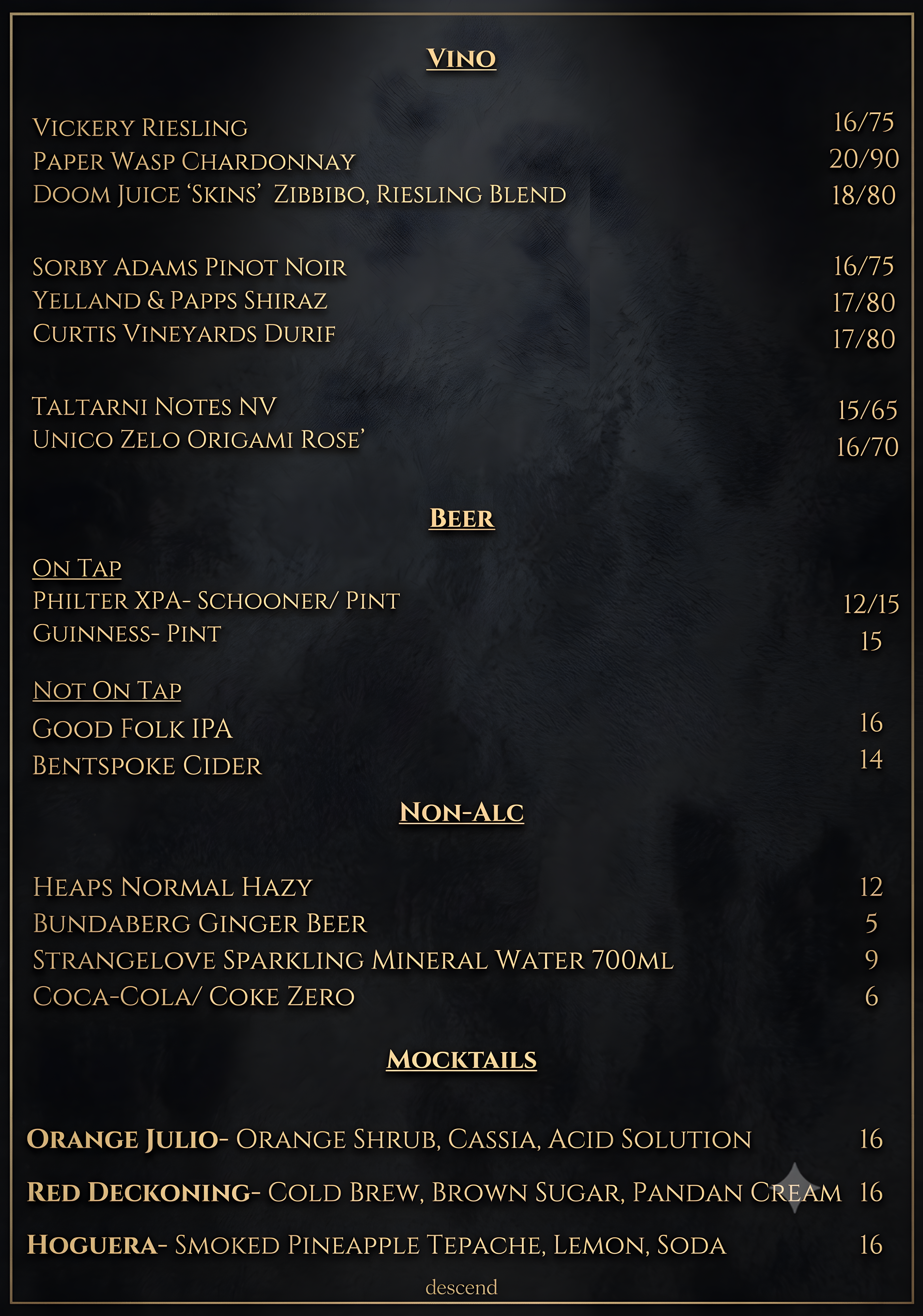 Menu Page 4 - Vino, Beer & Mocktails